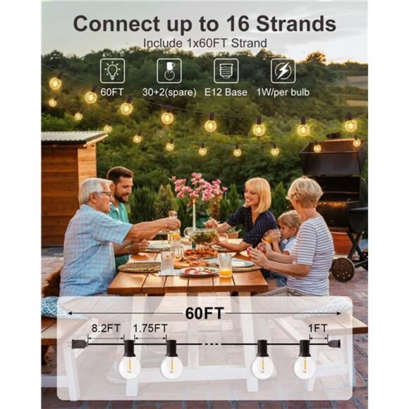 60FT Outdoor String Lights LED, Patio Lights with 32 Bulbs Waterproof, 2700K - Picture 2 of 7